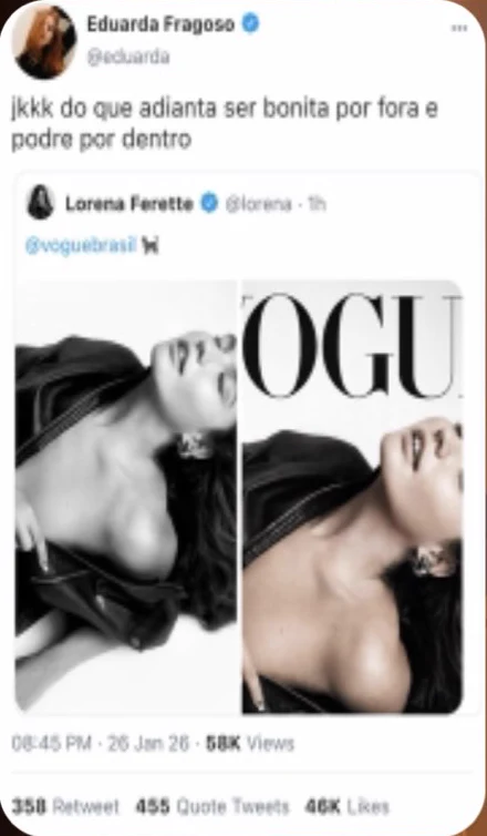 Captura enviada no chat do post público em que Eduarda critica Lorena e cita sua publicação para a Vogue.