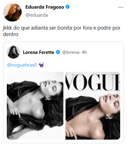 Captura do post apagado em que Eduarda critica Lorena e cita sua publicação para a Vogue.