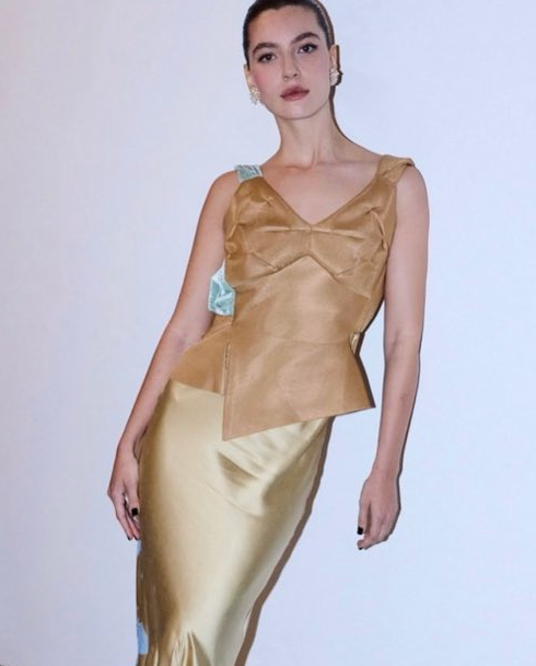 Mulher de cabelos escuros presos, vista de frente, usando vestido dourado com detalhe azul-claro.