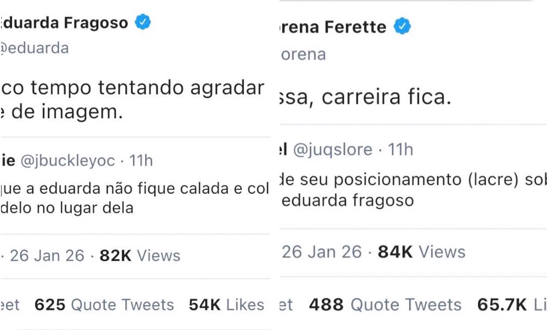 Montagem recortada de publicações de Eduarda Fragoso e Lorena Ferette no Twitter.